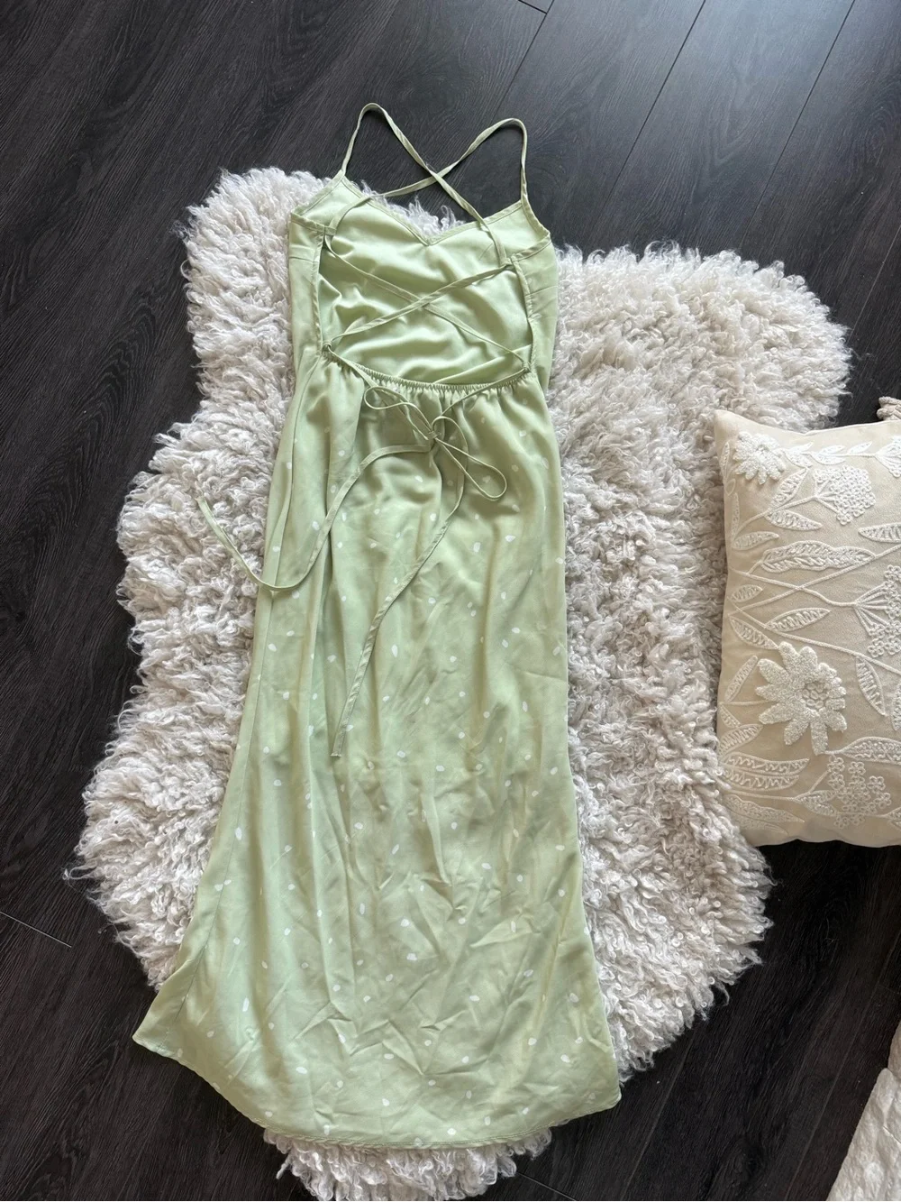 Princess Polly On Cloud Nine Open Back Dress in Sage Green w/ White Polka Dots - Picture 8 of 13